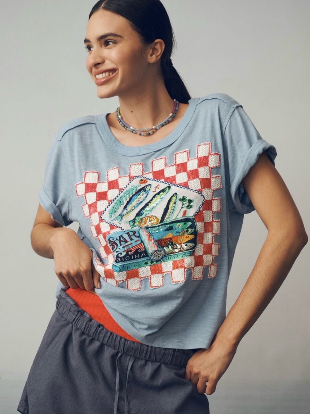 Anthropologie Maeve Sardine Linen Blend Graphic T-Shirt - Size Small